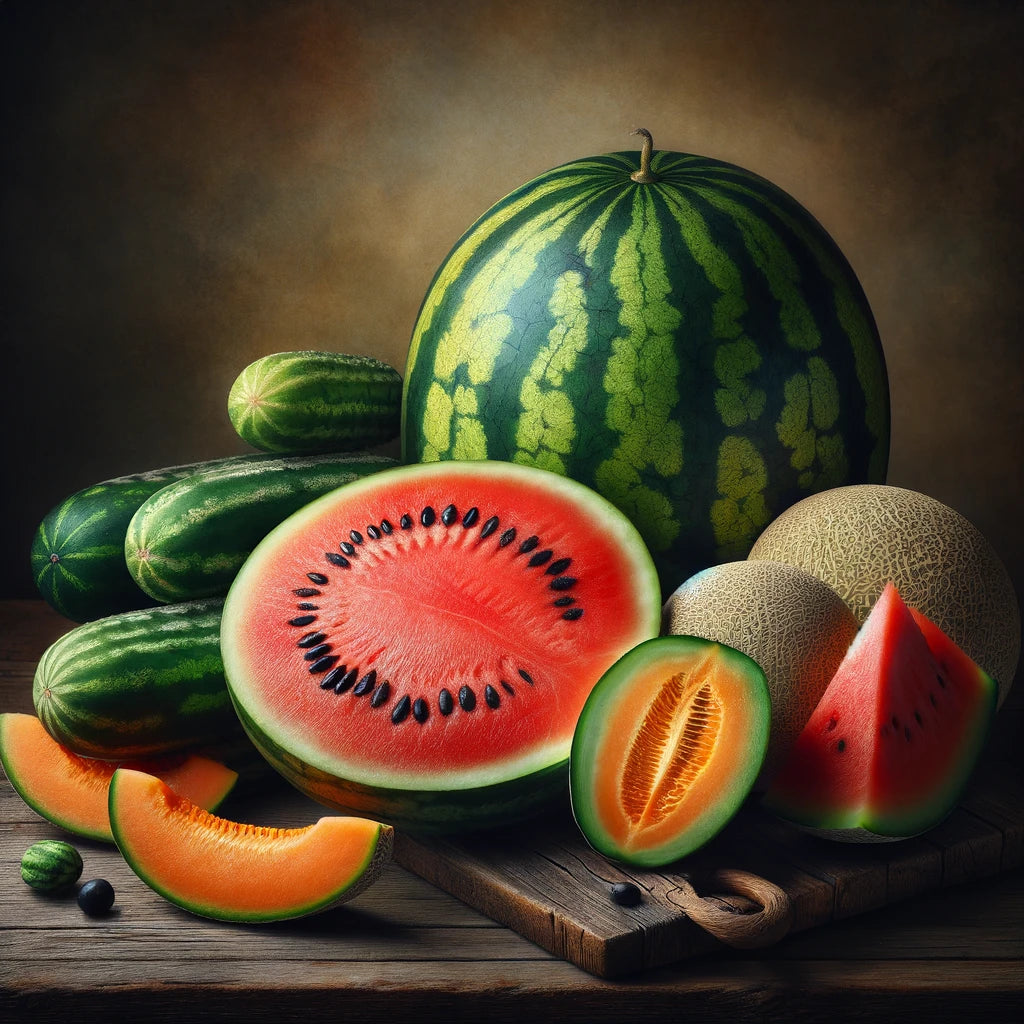 DALL·E 2024-05-01 19.40.42 - A vibrant still life composition featuring a watermelon, cucumber, and cantaloupes. The watermelon should be depicted partially sliced open, revealing.webp__PID:a49b7ca4-71d4-4b67-b0c3-7f32ef313b67