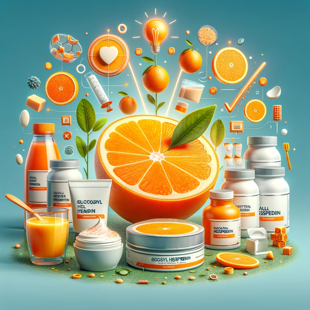 DALL·E 2024-05-01 19.42.26 - A creative representation showing the use of Glucosyl Hesperidin in various products. The image should depict a half-sliced orange symbolizing the sou.webp__PID:7ca471d4-9b67-40c3-bf32-ef313b679148