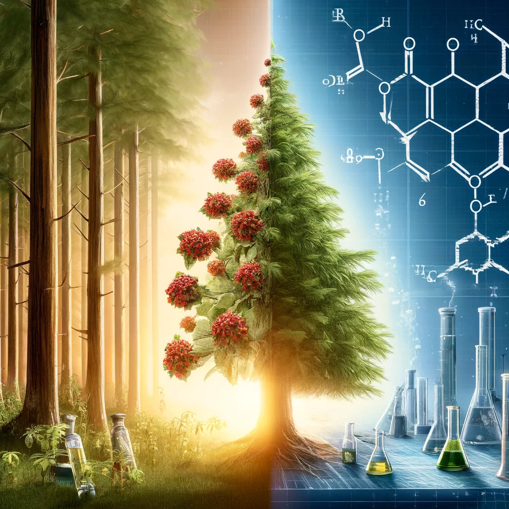 DALL·E 2024-05-01 19.44.36 - A visual representation showing the transformation from natural sources to synthetic compounds, depicting pine trees and coniferous plants on the left.webp__PID:9b6730c3-7f32-4f31-bb67-914888d1a6c4
