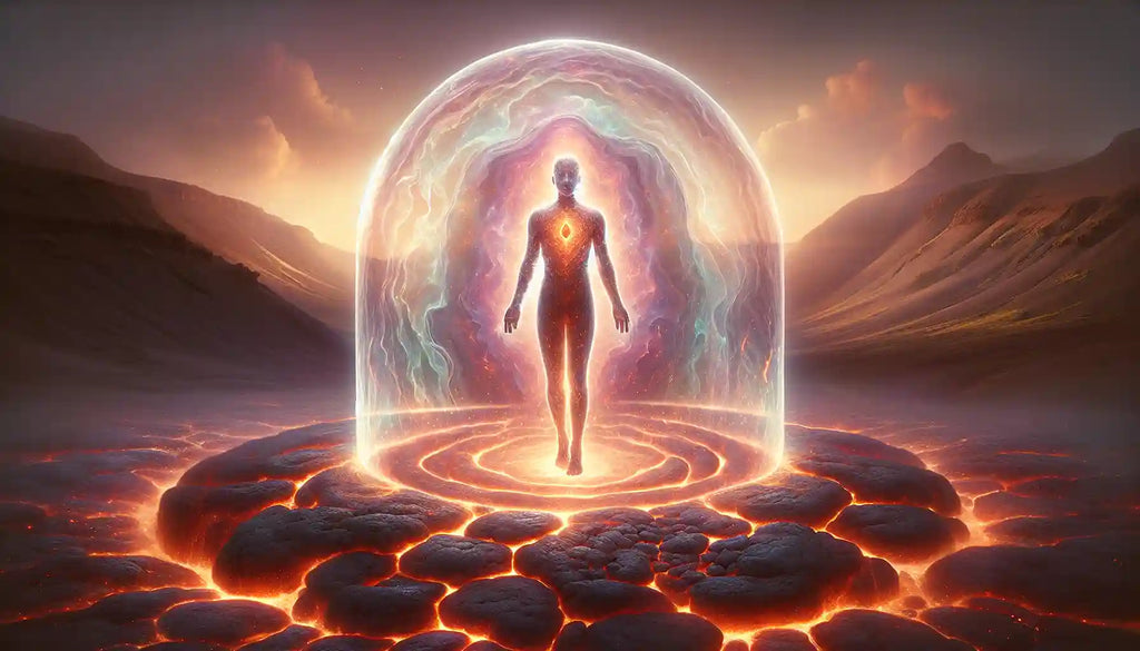 Illustration of a person surrounded by a protective shield with grounding energy flowing from the earth
