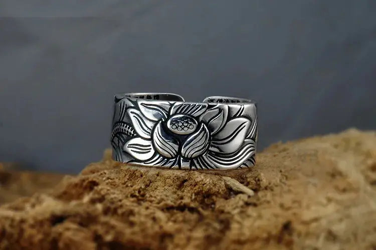 Vintage Lotus Flower Heart Sutra Ring