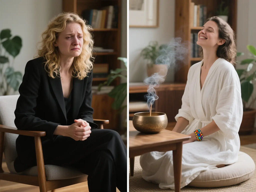 Before and after chakra healing with bracelet and sound therapy