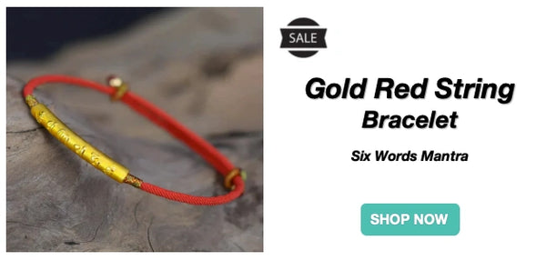 Pulsera de hilo rojo dorado con mantra de seis palabras