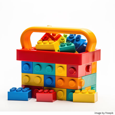 A colorful storage basket filled with vibrant building blocks, featuring a mix of red, blue, yellow, green, and orange pieces, all neatly contained for easy organization and fun playtime.