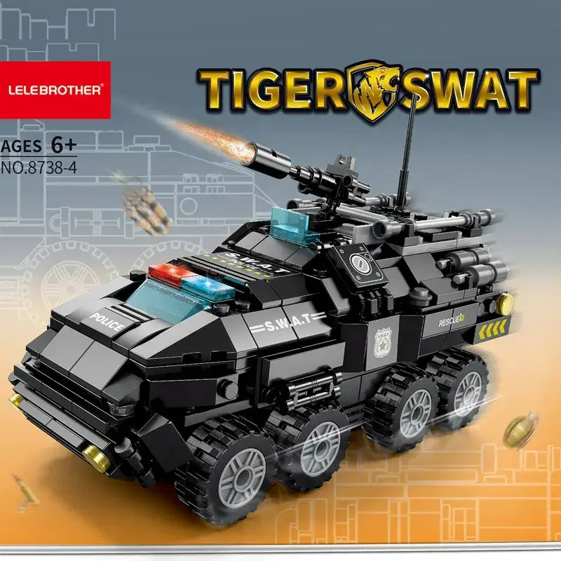Lele Brother Police Explosion-proof Car building set featuring a rugged design with SWAT elements.