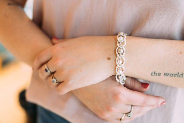 Silver and Swarovski crystal bracelet on a woman's wrist