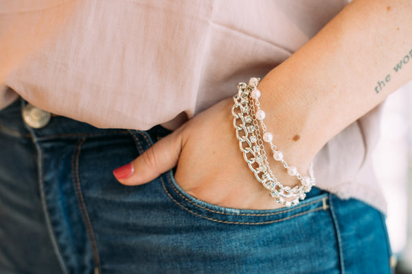 Best Boxing Day Jewelry Sale 2020- a Carolily Finery bracelet made from silver, Swarovski crystal and Swarovski crystal pearls shown on a woman's wrist