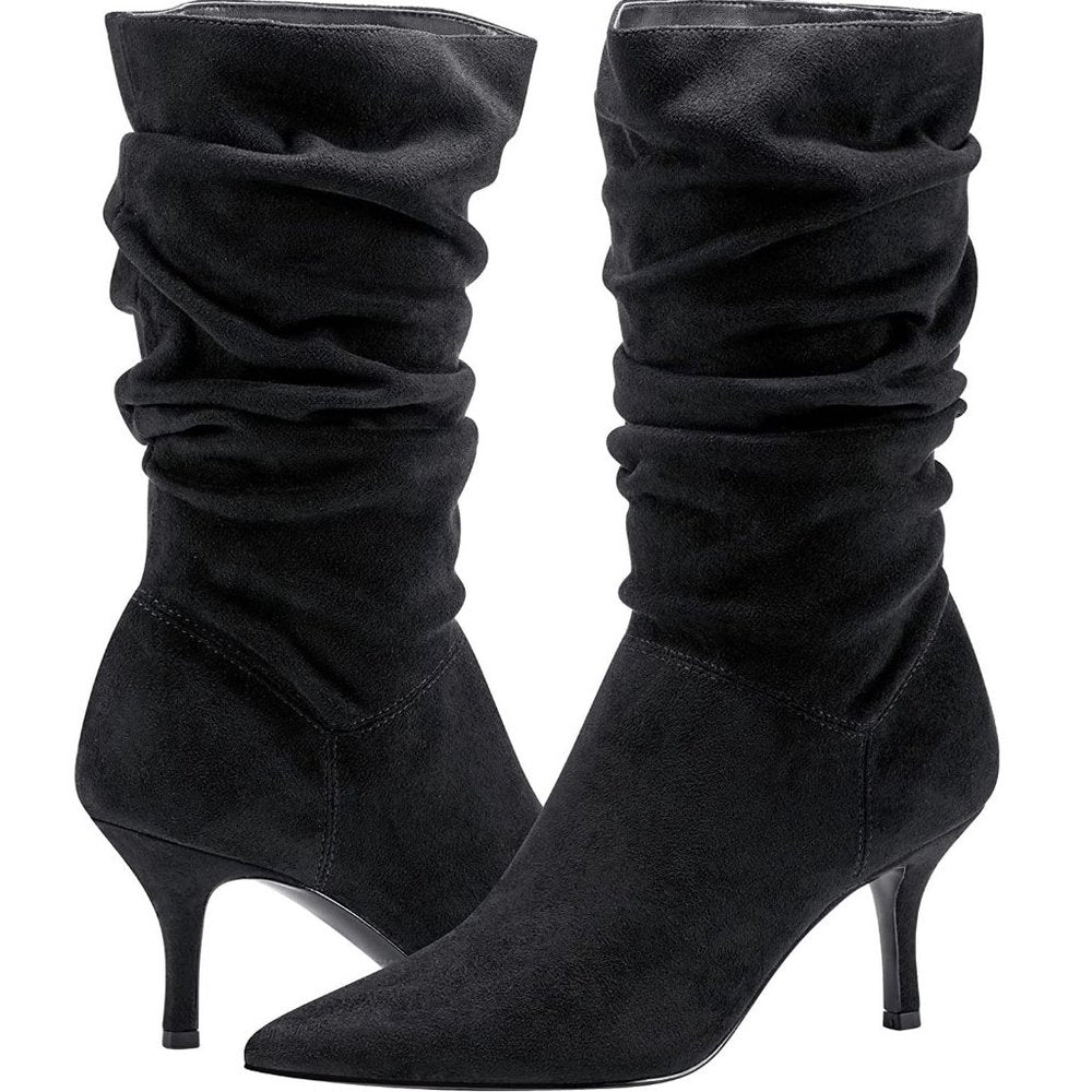 Manya Black Slouchy Heeled Booties
