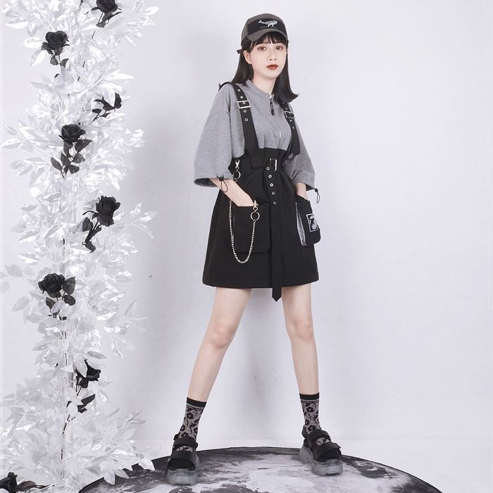 Punk Zipper Chain Pocket Buckle Belt T-Shirt Dress