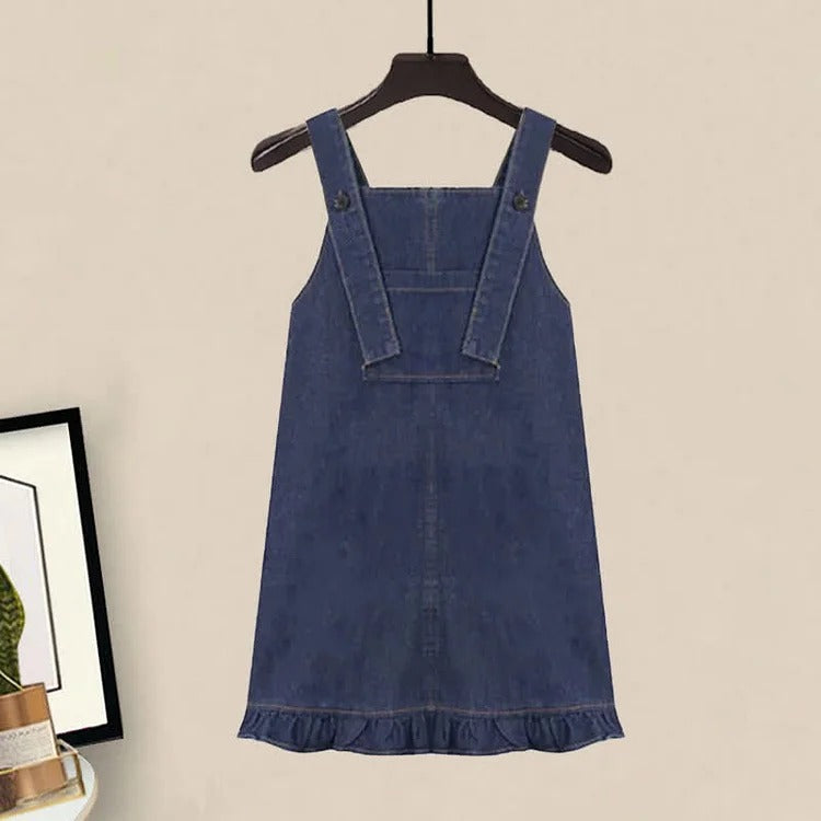 Pocket Lapel Tie Shirt Denim Overall Dress Two Piece Set - Image 9
