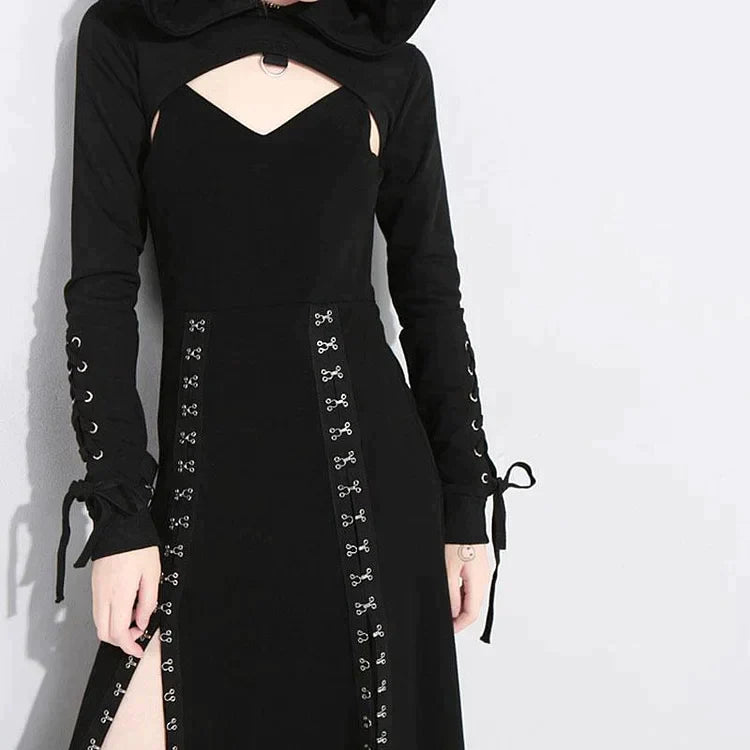 Gothic Hollow Lace Up Sweatshirt Split Long Dress Two Piece Set - Image 10