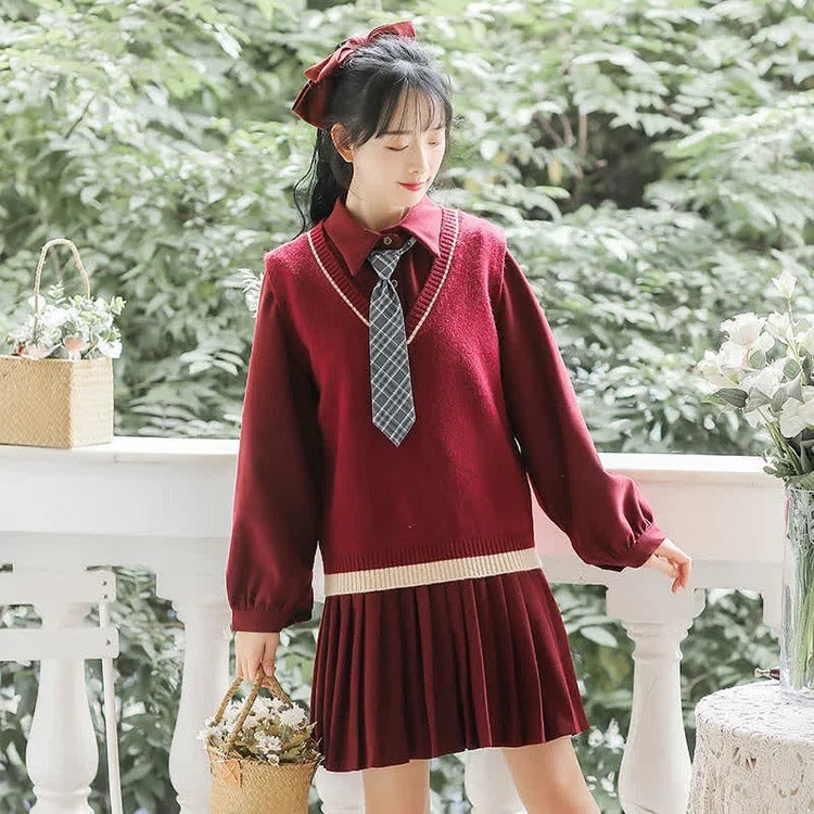 Preppy Knit Vest Lapel Tie Pleated Shirt Dress Two Piece Set - Image 17
