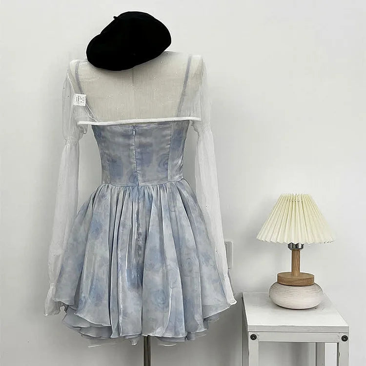 Puff Sleeve Lace-Up Cardigan Floral Print Ruffle Corset Slip Dress - Image 13