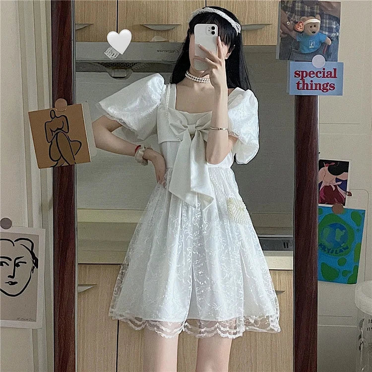 Vintage Bowknot Fairy Square Collar Tulle Dress - Image 4