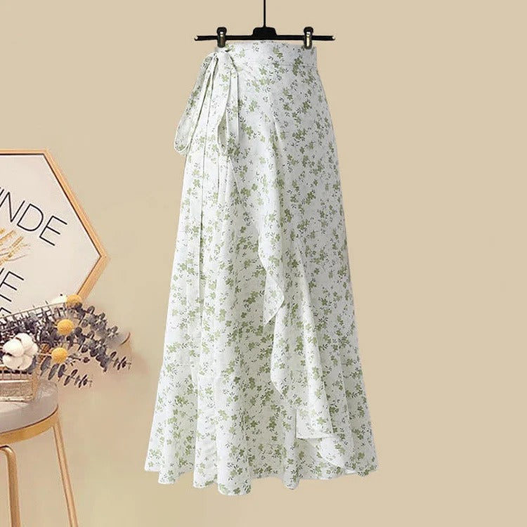 Puff Sleeve Collar Lapel T-Shirt Floral Print Skirt Two Piece Set