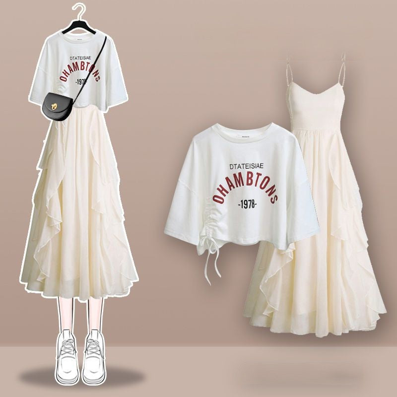 Retro 90s Letter T-Shirt Flouncing Slip Dress Two Piece Set