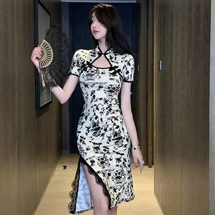 Vintage Floral Print Buckle Lace Split Cheongsam Dress - Image 8