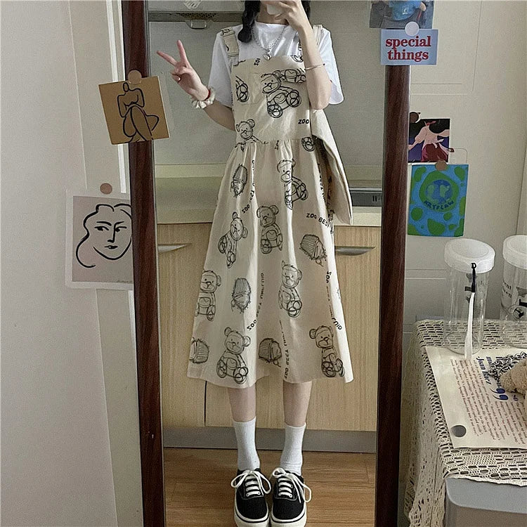 Cartoon Bear Letter Print Overalls Dress T-Shirt