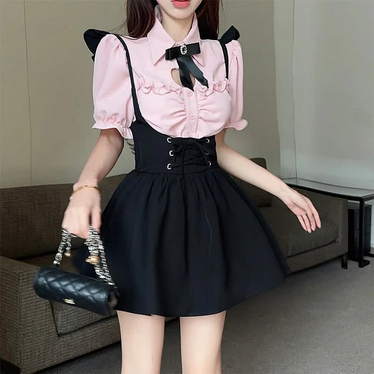 Jk Hollow Out Bowknot T-Shirt Lace Up Suspender Dress - Image 6