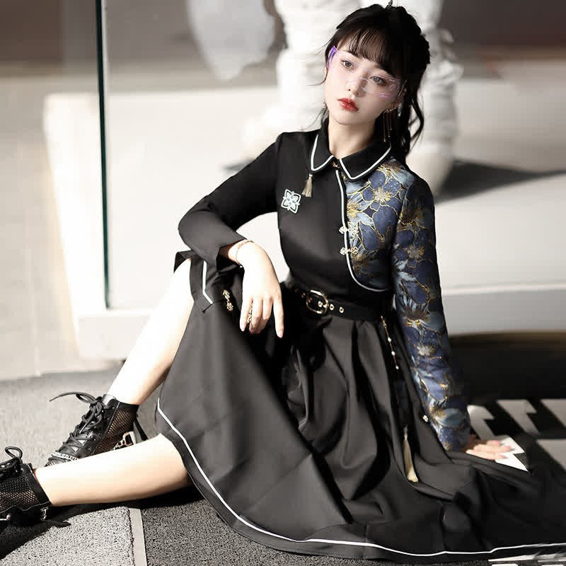 Vintage Lapel Floral Embroidery Button Irregular Dress With Belt - Image 10