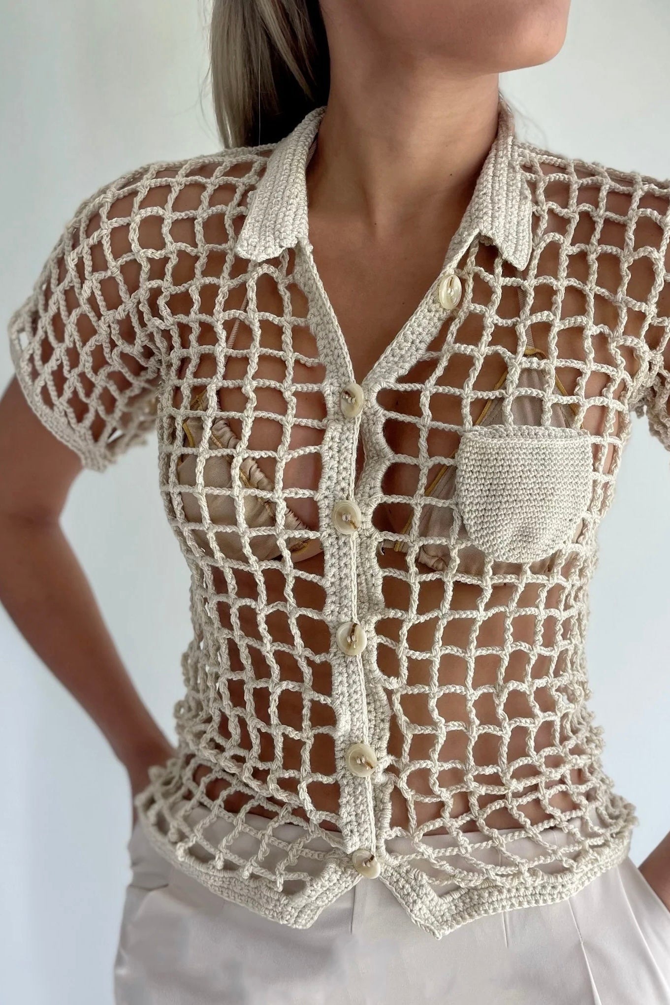 Calliope Sienna Crochet Short Sleeve Button Top