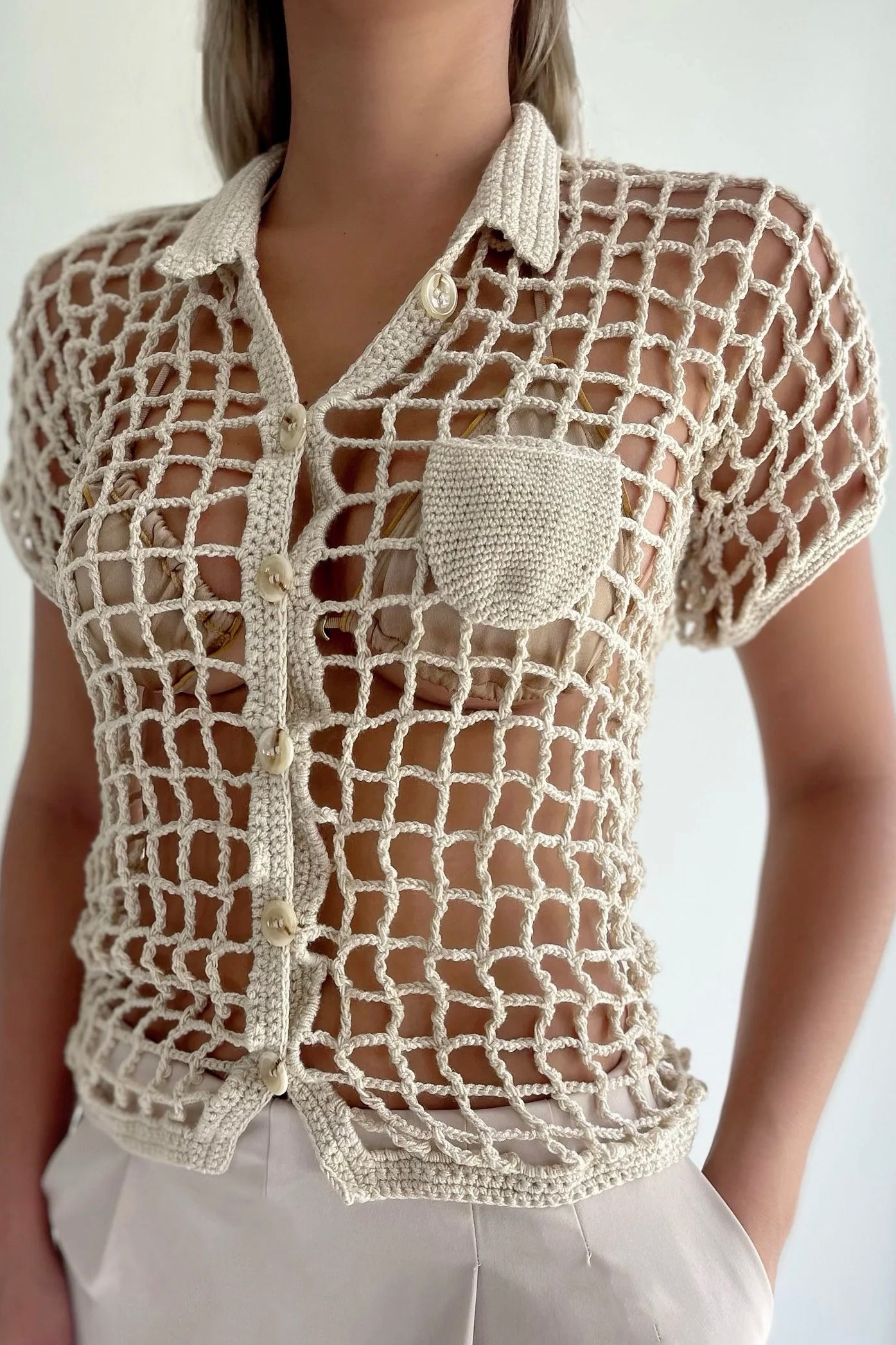 Calliope Sienna Crochet Short Sleeve Button Top