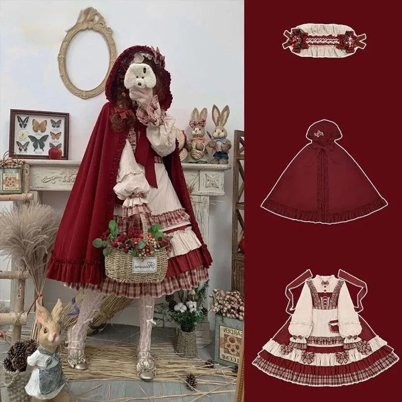Bowknot Red Hood Cloak Plaid Dress Set