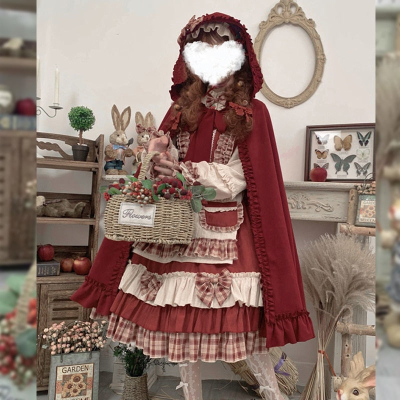 Bowknot Red Hood Cloak Plaid Dress Set