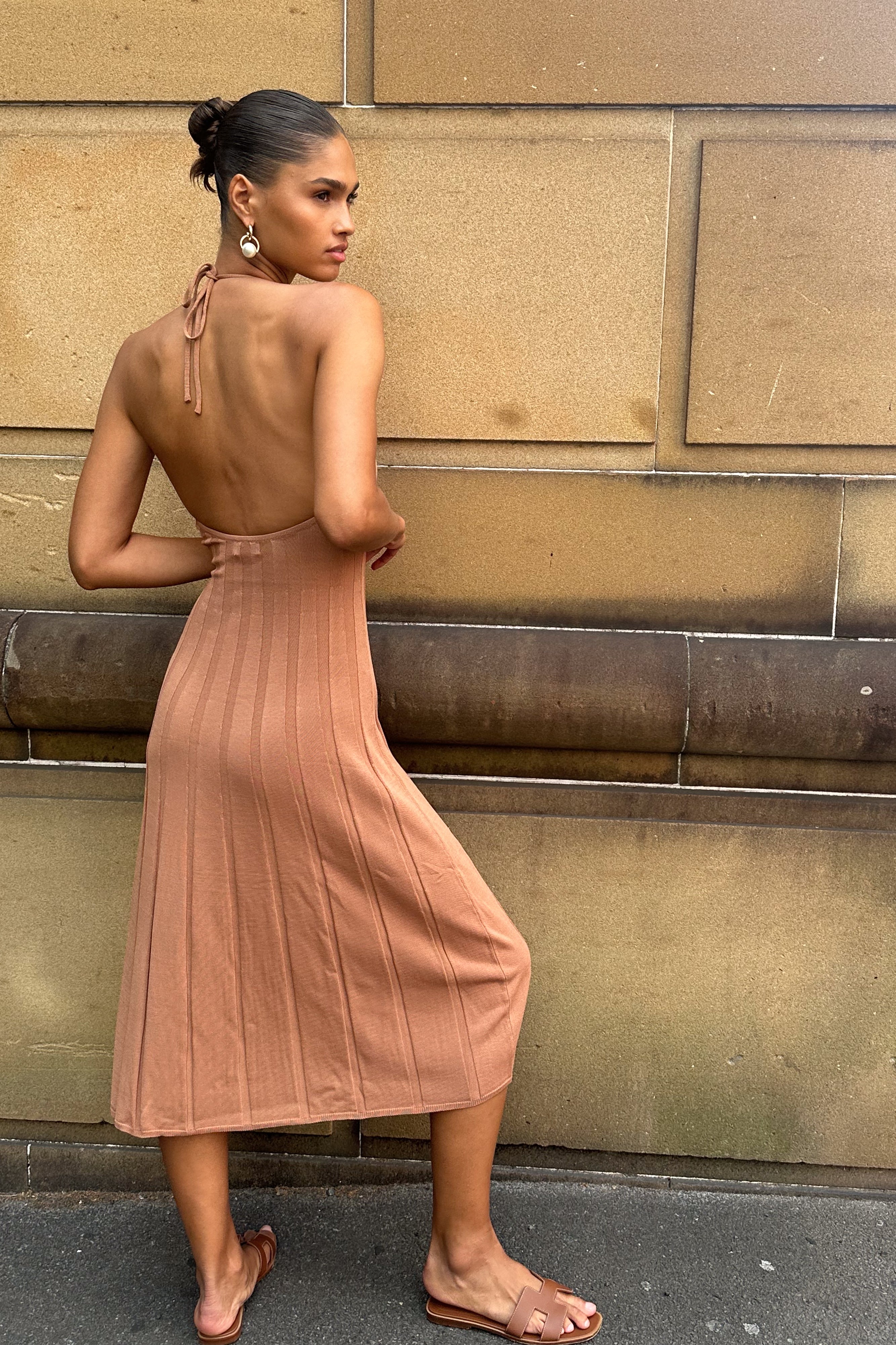 Adrienne Halter Neck Midi Dress – Tan