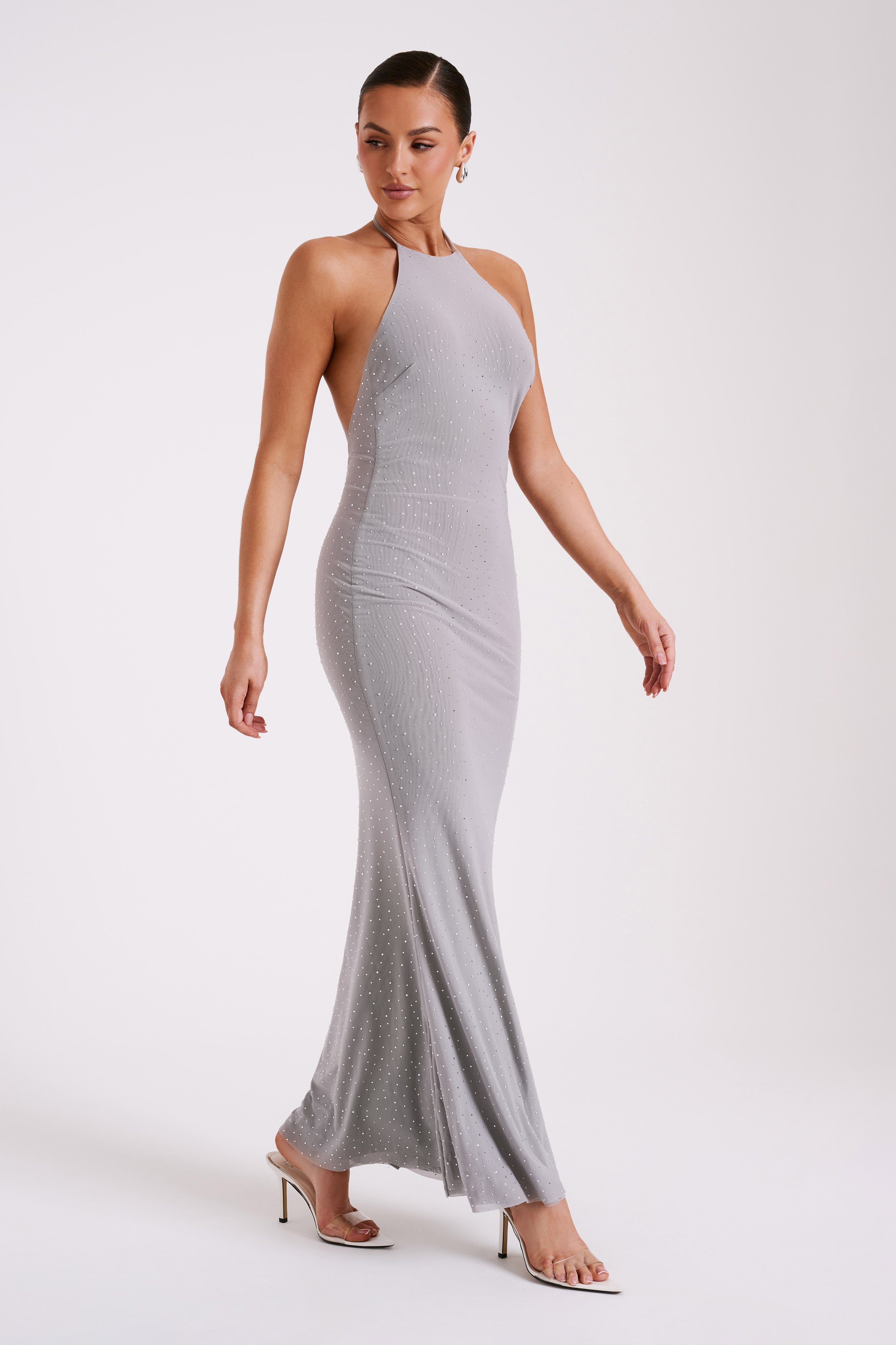 Kali Hot Fix Mesh Halter Maxi Dress - Gunmetal - Image 7