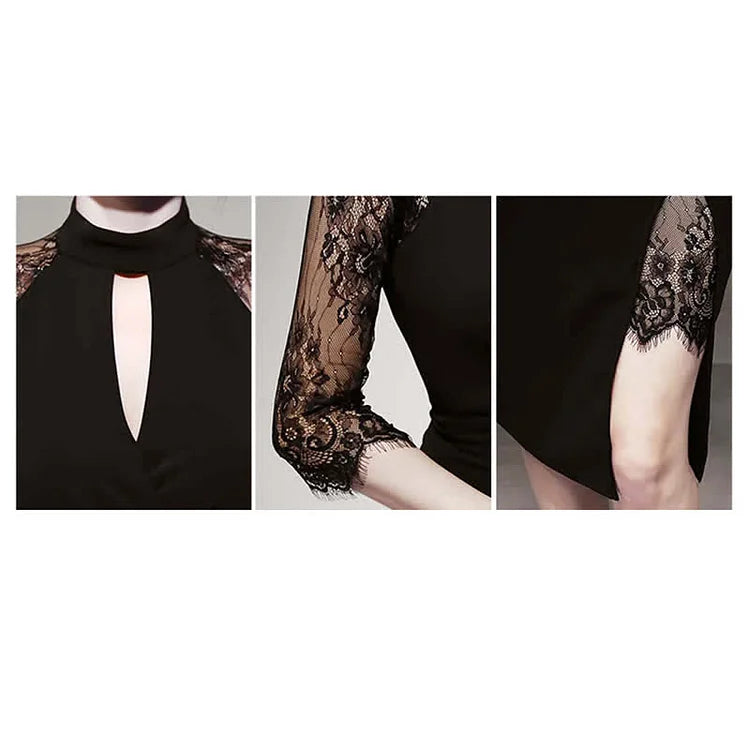 Hollow Out Lace Sleeve Ruffle Split Slim Dress - Image 12