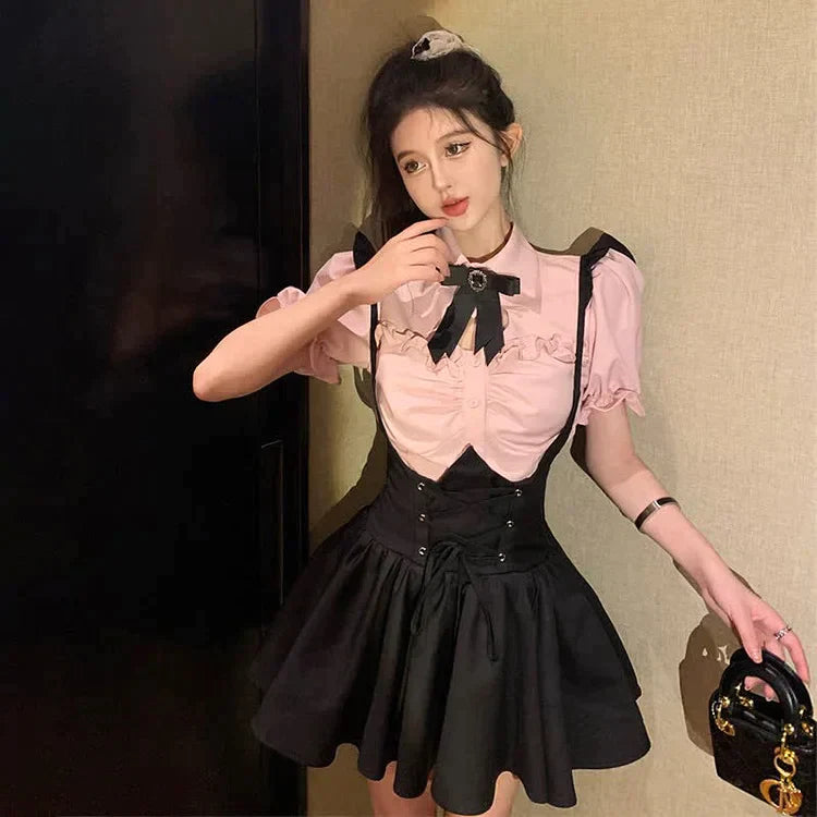 Jk Hollow Out Bowknot T-Shirt Lace Up Suspender Dress - Image 10