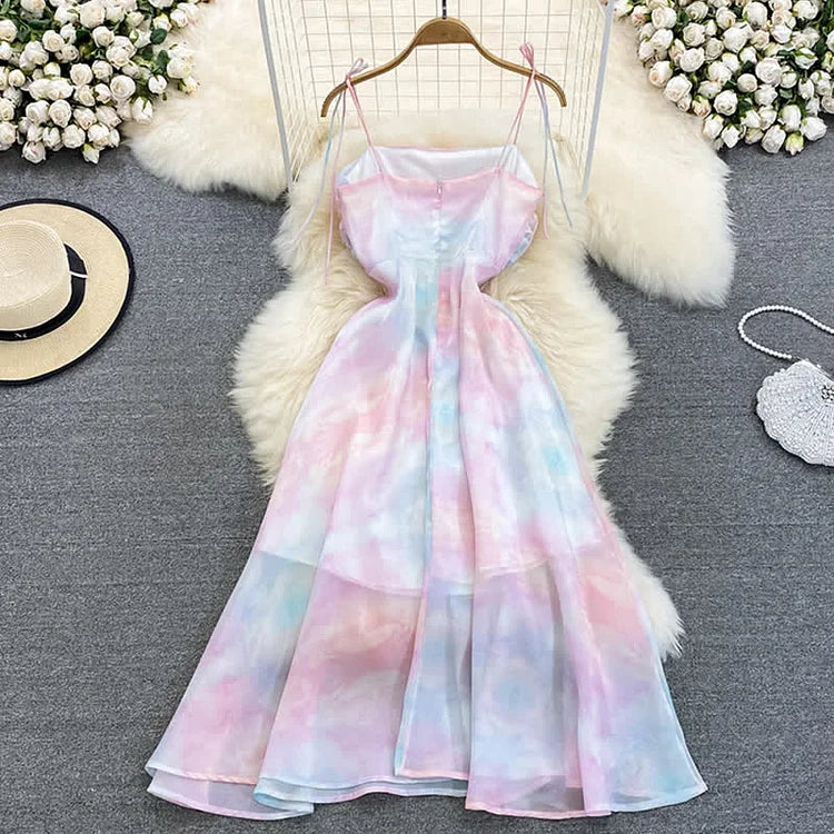 Chic Rainbow Print A-Line Chiffon Lace Up Slip Dress - Image 16