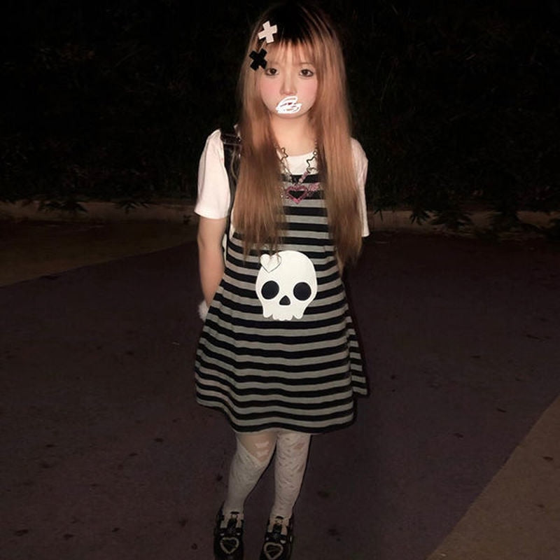 Kawaii Punk Gothic Striped Emo Skull Mini Dress - Image 4