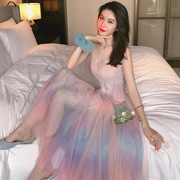 Chic Rainbow Print A-Line Tulle Slip Dress Two Piece - Image 4
