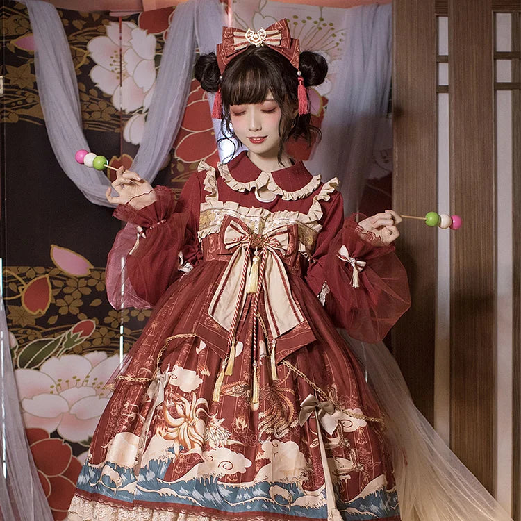 Kawaii Sweet Bow Ruffle Lace Sleeve Lolita Dress