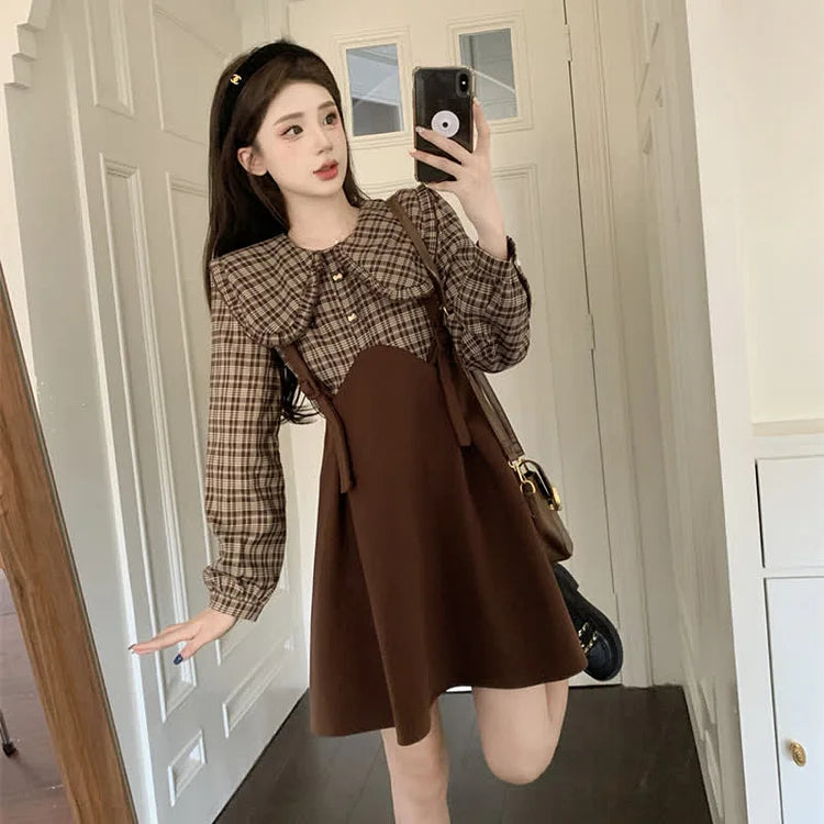 Vintage Plus Size Doll Collar Plaid Print Fake Two Piece Suspender Dress - Image 5