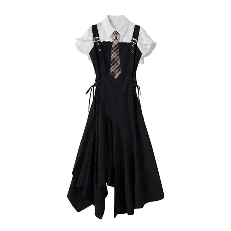 Jk Flouncing Sleeve Tie Polo T-Shirt Irregular Lace Up Suspender Dress - Image 3