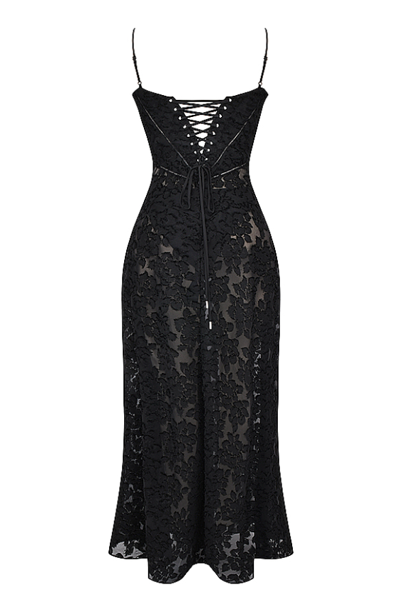 SEREN BLACK FLORAL LACE BACK MAXI DRESS - Black