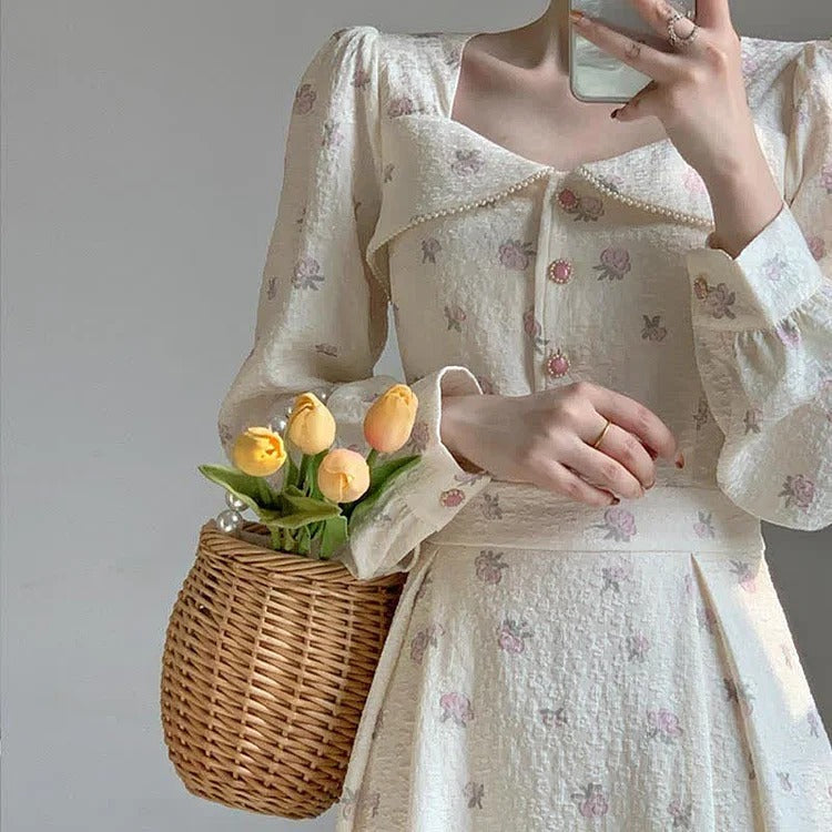 Vintage Pearl Collar Floral Print A-Line Dress - Image 4