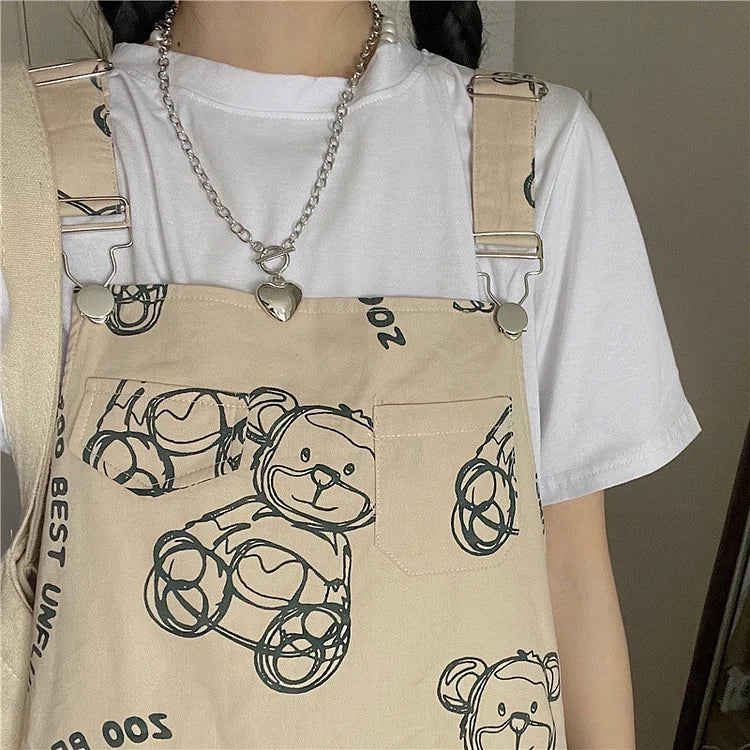 Cartoon Bear Letter Print Overalls Dress T-Shirt