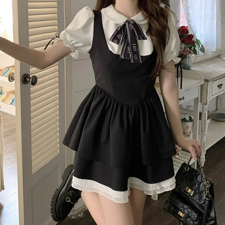 Bowknot Doll Collar Puff Sleeve Layered Fake Two Piece Mini Dress