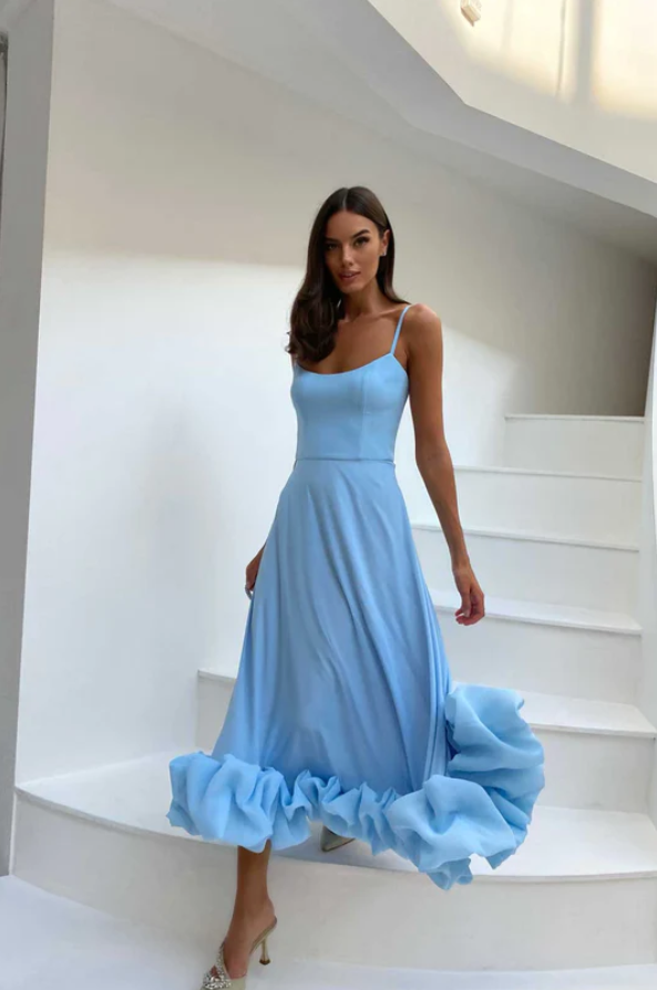 LILOU FLOUNCE BUSTIER RUFFLE MAXI DRESS -  Baby Blue