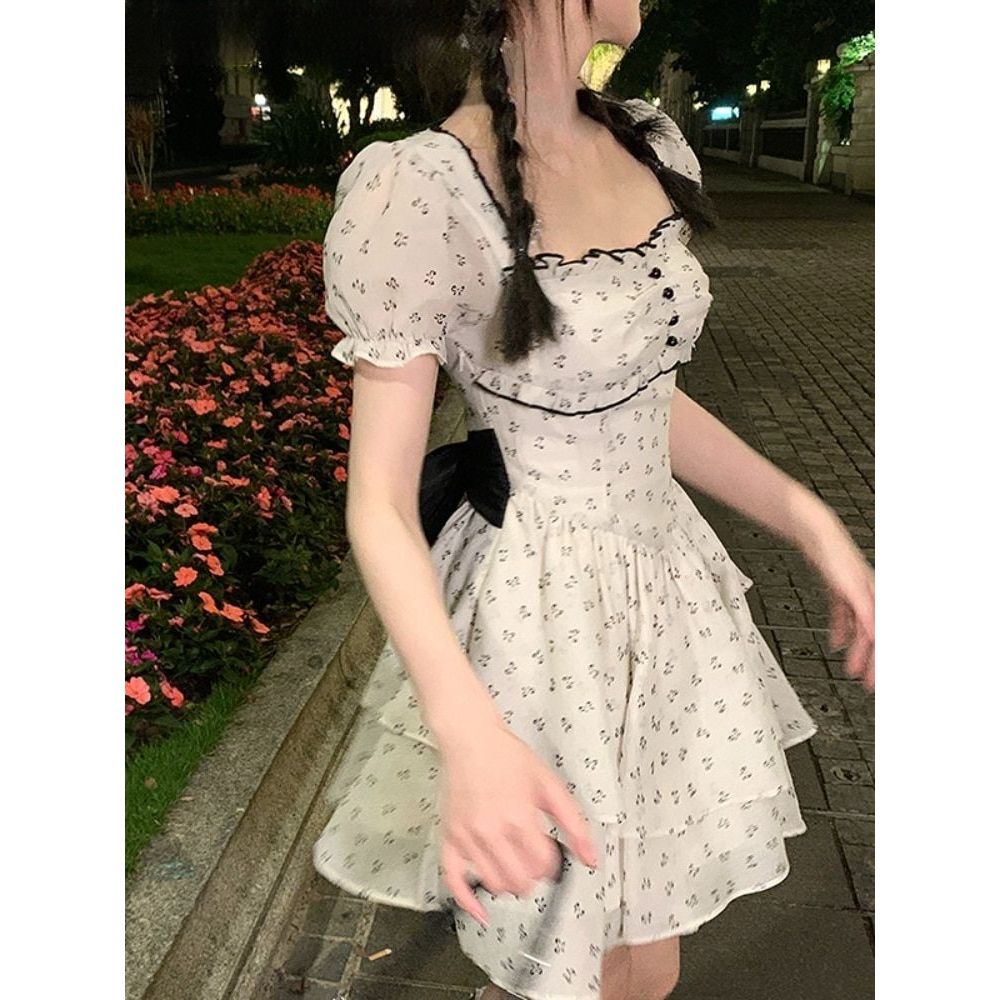 French Fashion Vintage Floral White Dress - Image 5