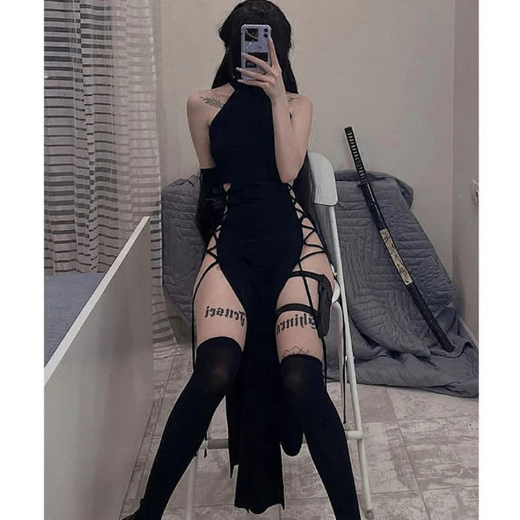 Hollow Out Lace Up Side Split Dress - Image 15