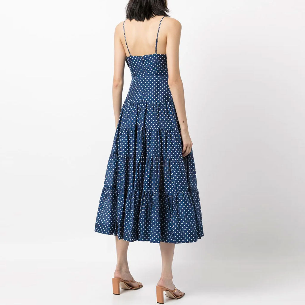 Adorable Polka Dot Bow Trim A-Line Slip Midi Dress – Blue