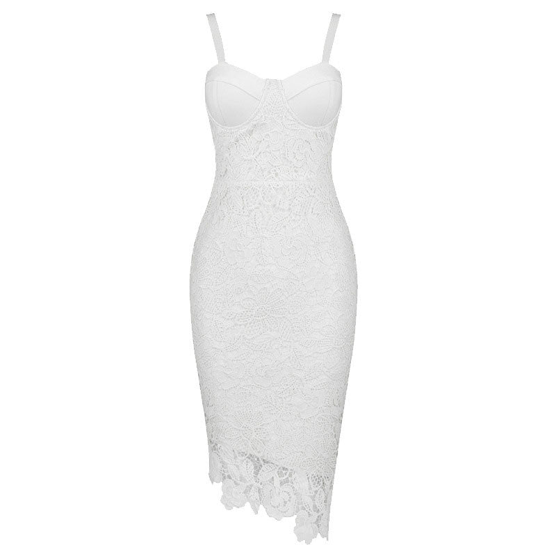 Asymmetric Floral Lace Embroidered Bustier Bandage Party Dress – White