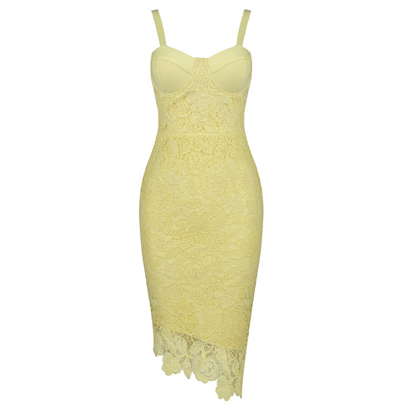 Asymmetric Floral Lace Embroidered Bustier Bandage Party Dress – Yellow