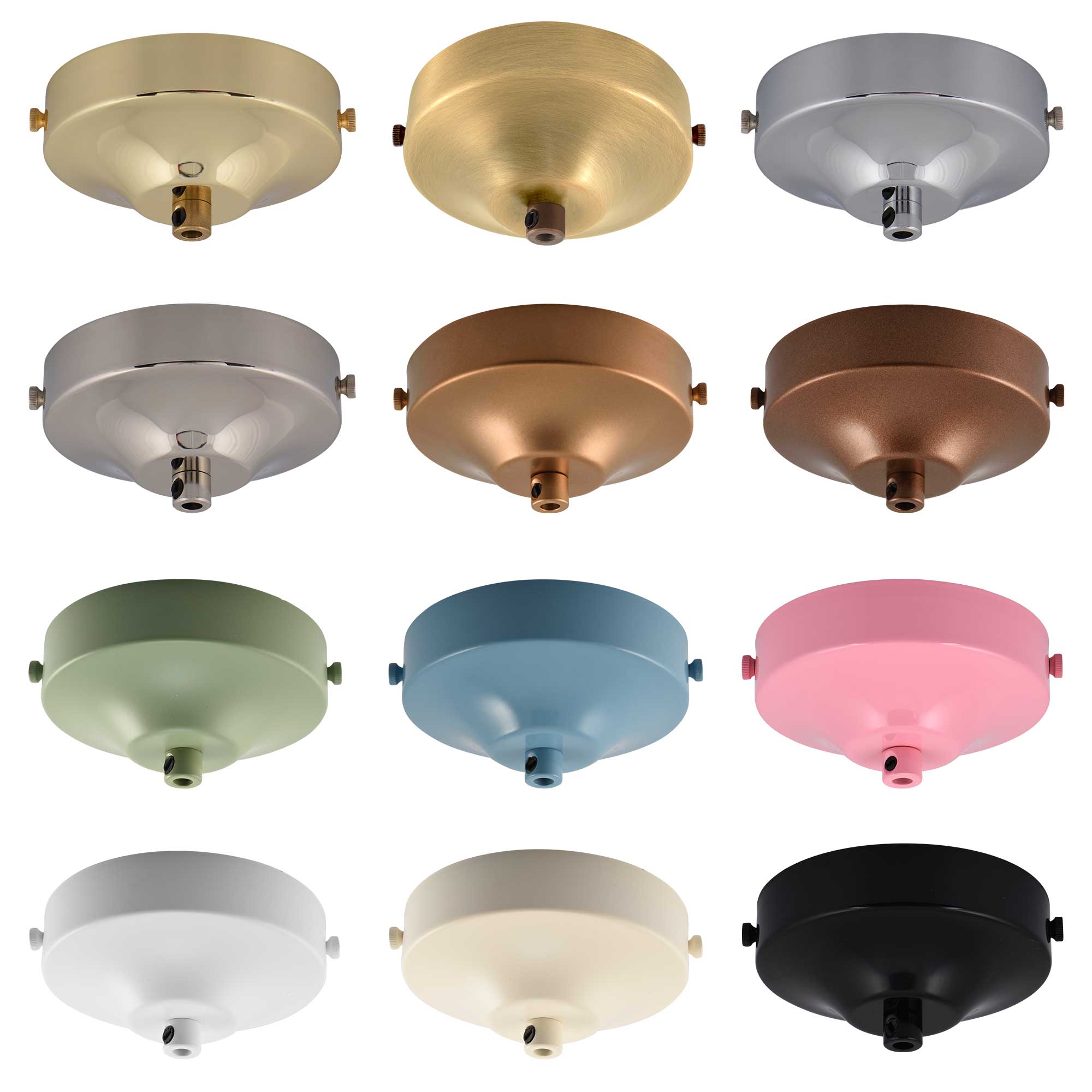 Elektek 100mm Diameter Convex Ceiling Rose With Strap Bracket And Cord Grip Metallic Finishes Powder Coated Colours