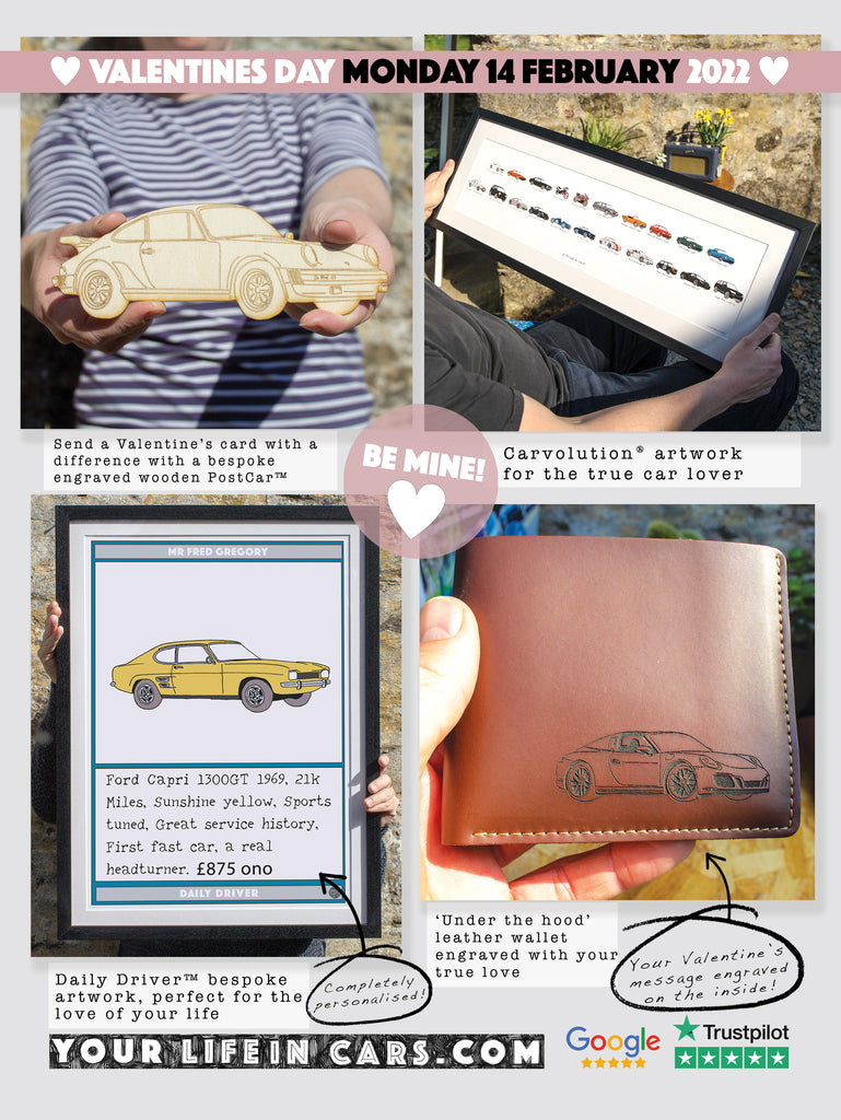 Valentines day 2022 your life in cars advert featuring 4 products, a leather wallet, postcar, carvolution artwork and daily driver bespoke artwork